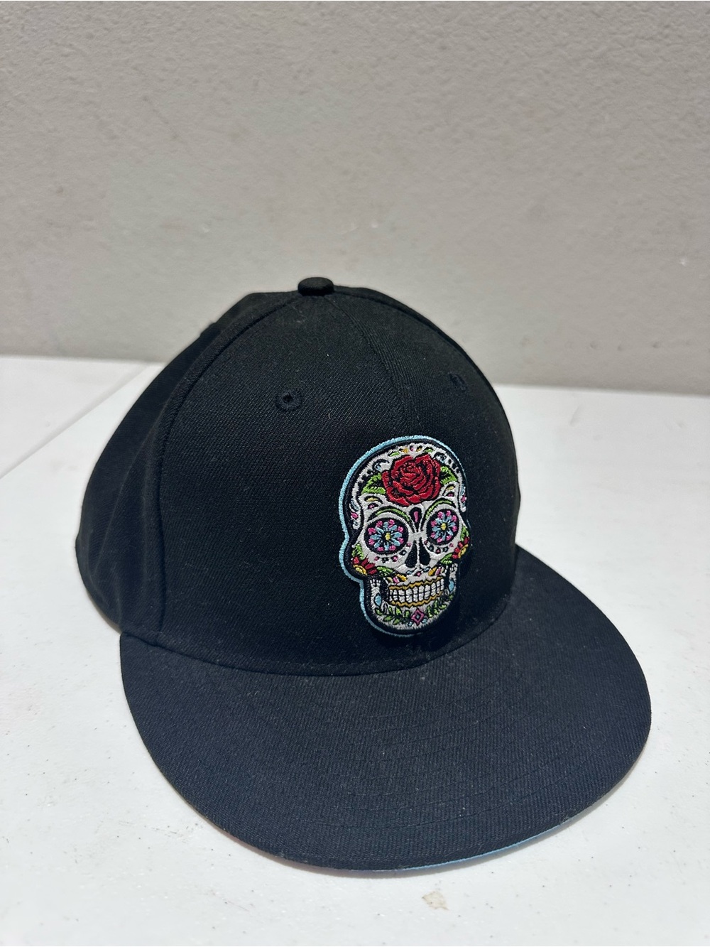 Rings and Crown Sugar Skull Fitted Hat 7 1/2 Rose Embroidered